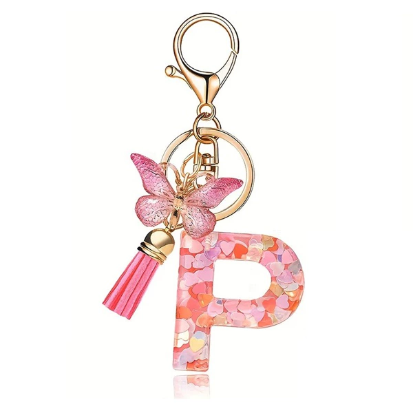 Porte-clés LETTRE "P", papillon coeur rose 