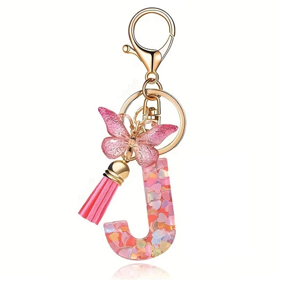 Porte-clés LETTRE "J", papillon coeur rose  